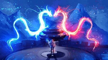 Red and blue neon dragons wallpaper