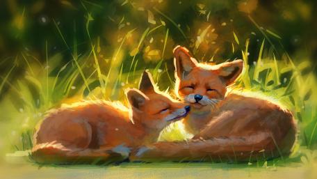 Foxes in a Sunlit Glade wallpaper