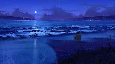 Boy looking the waves digital art wallpaper