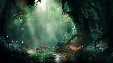 Enchanted Forest Glade with Mystical Deer wallpaper