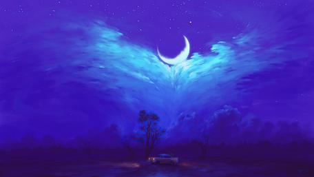 Blue Night Magic Awakens the Crescent Moon wallpaper