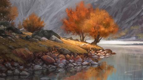 Vibrant Autumn Along the Riverbank wallpaper
