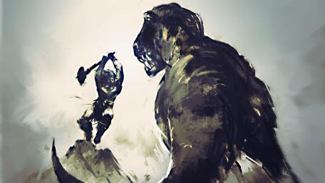 Epic Battle: Warrior vs. Tyrannosaurus wallpaper