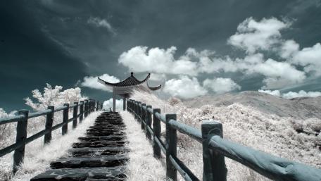 Serene Hilltop Pavilion by the Stairs wallpaper