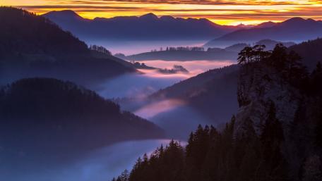 Misty Mountain Serenity in Early Morning Light wallpaper