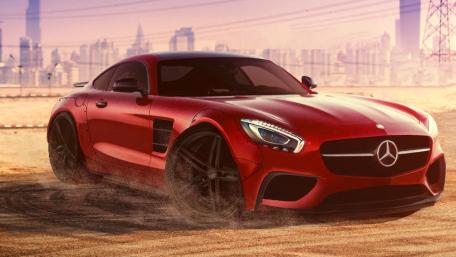 Red Mercedes-Benz in a Dream Cityscape wallpaper