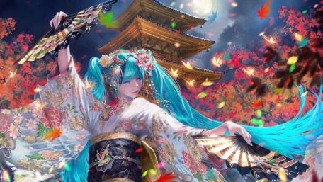 Kimono Elegance with Blue-Haired Beauty wallpaper