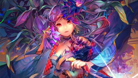 Mystical Anime Beauty with Purple Hair and Red Eyes wallpaper