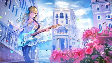 Guitar Dreams in the Anime Cityscape wallpaper
