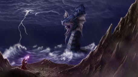 Majestic Water Dragon Awakens in Stormy Skies wallpaper