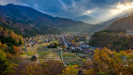 Autumn Valley Village Sunrise wallpaper