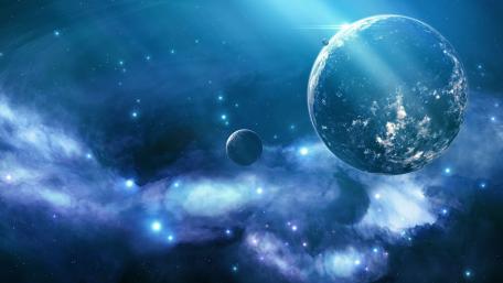 Mystical Blue Planets in Cosmic Space Scene wallpaper