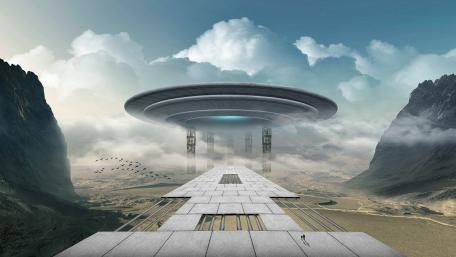Majestic UFO Arrival at Mountain Gateway wallpaper
