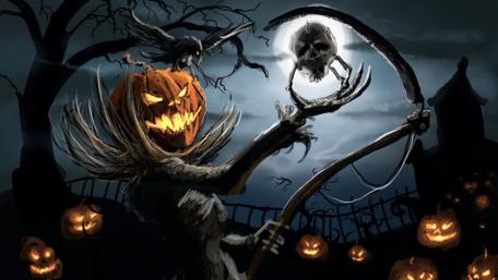 Eerie Pumpkin Reaper Under Moonlight wallpaper