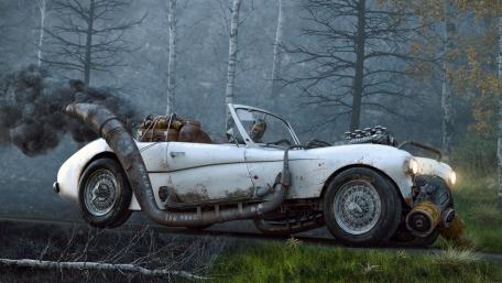 Vintage Steampunk Car in a Misty Forest Scene wallpaper
