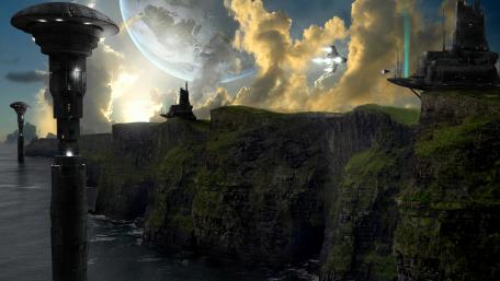 Futuristic Dreamscape Over Majestic Cliffs wallpaper