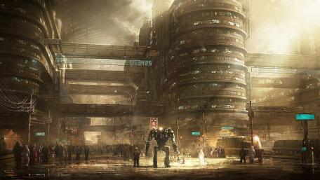 Futuristic Cityscape with Robots and Technology wallpaper