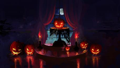 Halloween pumpkins in the dark room wallpaper