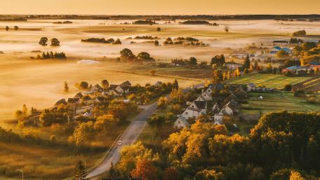 Autumn Morning in a Serene Village wallpaper