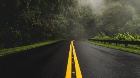 Serene Misty Forest Road Scene wallpaper