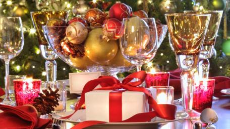 Festive Christmas Table Decorated for Celebration wallpaper