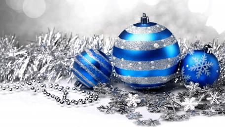 Festive Blue and Silver Christmas Ornaments wallpaper
