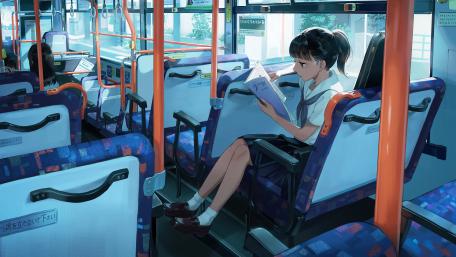 Anime Schoolgirl Lost in Manga on Bus Journey wallpaper