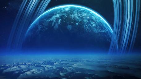 Majestic Blue Planet with Ethereal Rings wallpaper