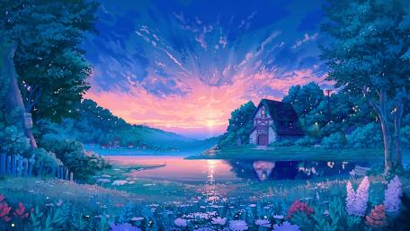 Enchanted Sunset by the Lakeside Cottage wallpaper