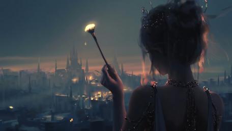 Mystical Evening in a Dreamlike City wallpaper