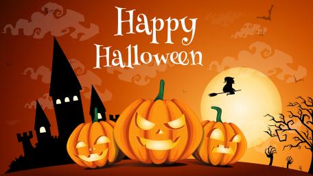Haunting Halloween Night Celebration with Pumpkins and Witch Silhouette wallpaper