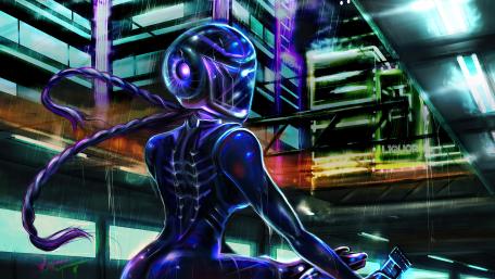 Futuristic Cyborg Rider Amidst Neon Lights wallpaper