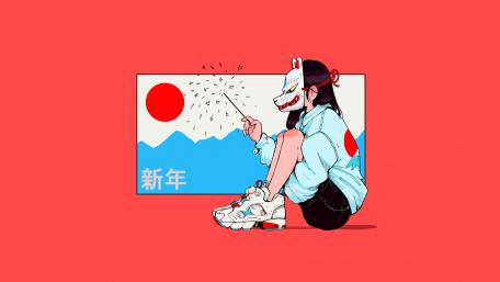 Mysterious Anime Girl with Traditional Mask wallpaper