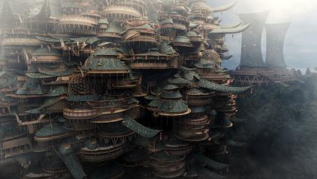 Majestic Fantasy Cityscape Inspired by Chinese Architecture wallpaper