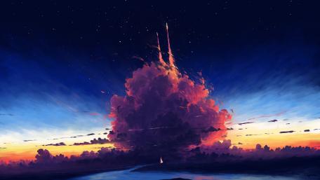 Ethereal Rocket Rise in a Cosmic Dreamscape wallpaper