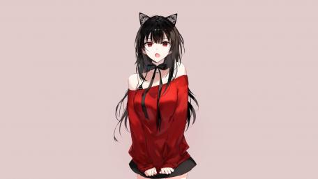 Cat-Eared Anime Beauty in Red wallpaper