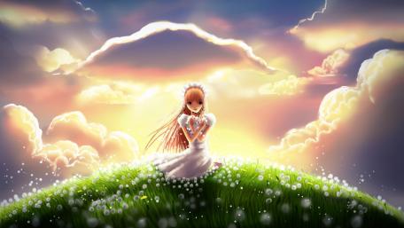 Charming Morning Bliss with an Anime Girl on a Hill wallpaper