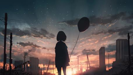 Anime Girl's Solitude in Starry Night Cityscape wallpaper