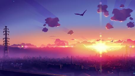 Anime Sunset Over the Cityscape wallpaper