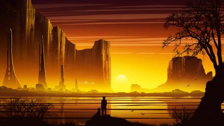Epic Futuristic Sunset Over a Digital Landscape wallpaper