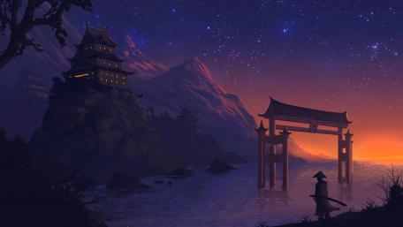 Starry Samurai Sanctuary at Dusk wallpaper