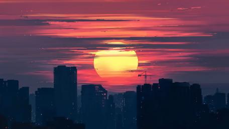 Sunset Over a Fantasy Cityscape wallpaper