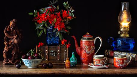 Vibrant Still Life with Cherry and Porcelain Tea Set wallpaper