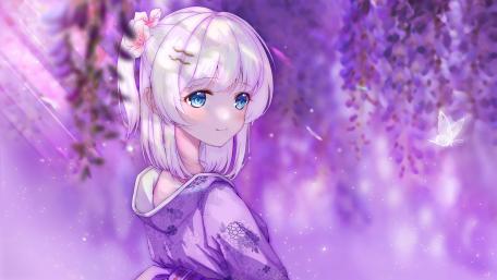 Kawaii anime girl between Wisteria wallpaper