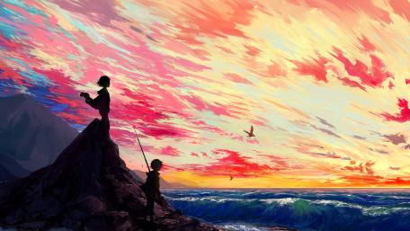 Vibrant Sunset Over Ocean Silhouettes wallpaper