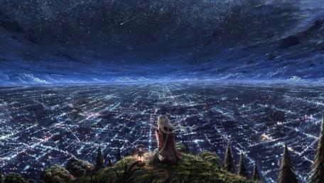 Anime City's Starry Night Horizon wallpaper