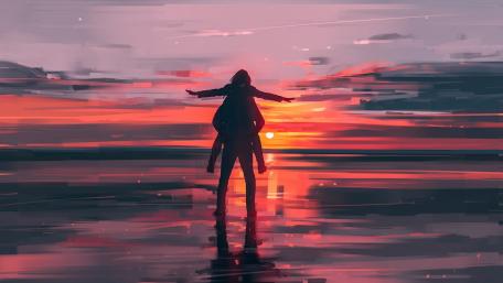 Couple watching sunset at sea wallpaper