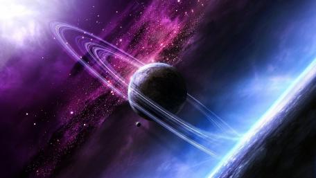 Majestic Ringed Planet in Cosmic Hues wallpaper