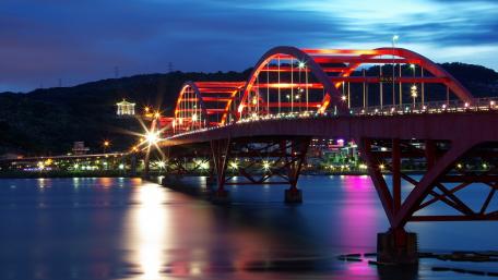 Vibrant Red Bridge Over River at Night wallpaper