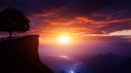Dreamy Sunset Over the Horizon with a Swing and a Tree wallpaper